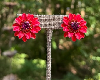 Vintage Coral Enamel and Rhinestone Flower Clip On Earrings 3d Layered