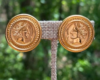 Vintage Monet Signed Gold Tone Roman Coin Style Clip On Earrings