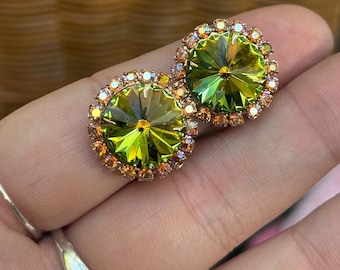 Vintage goudkleurige watermeloen rivoli strass clip-on oorbellen Sparkly glamour