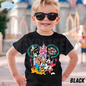 May include: Black t-shirt with a vibrant Disney character design, showcasing Mickey and Minnie Mouse, Goofy, and Donald Duck, set against a castle backdrop. The word "BLACK" is printed on the lower right.