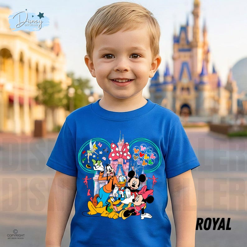 May include: A royal blue t-shirt with a Disney-themed graphic featuring Mickey and Minnie Mouse, Goofy, Donald Duck, and Tinkerbell. The design includes a castle and balloons. The shirt is worn by a young child.