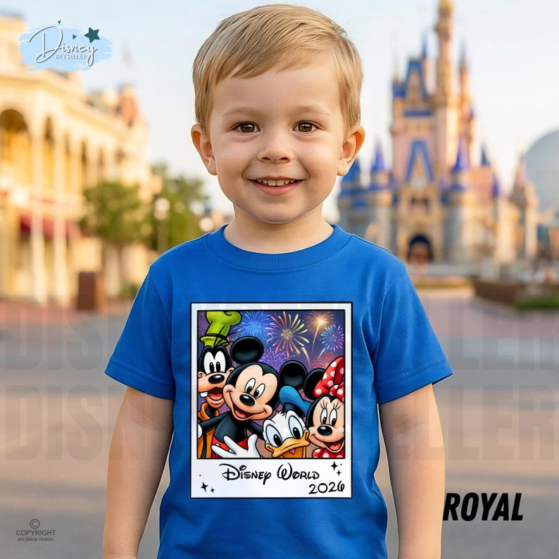 Puede incluir: Una camiseta azul real con un gr&aacute;fico de Mickey Mouse, Minnie Mouse, Donald Duck y Goofy. El gr&aacute;fico est&aacute; en un marco estilo polaroid con el texto "Disney World 2026". La camiseta la lleva un ni&ntilde;o peque&ntilde;o.