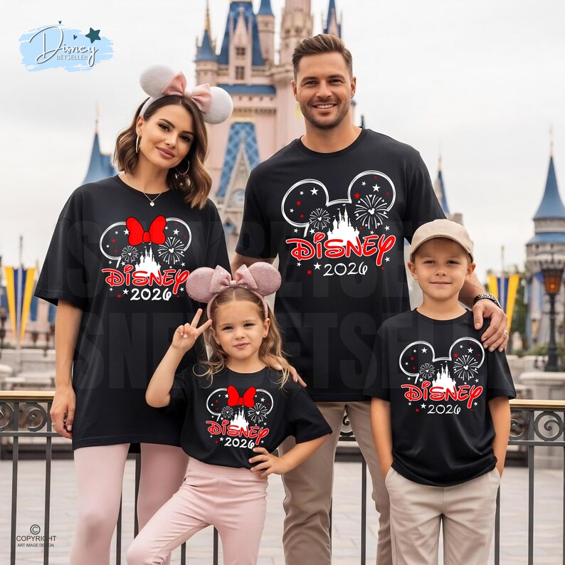 May include: Black t-shirts with a Disney theme, featuring a Mickey Mouse head design with fireworks, a castle, and the text "Disney 2026". The family is wearing matching shirts, posing in front of a castle.