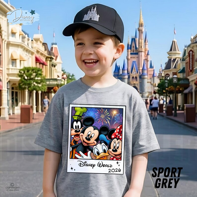 Puede incluir: Un joven lleva una camiseta gris con un dise&ntilde;o de Disney World 2026 con Mickey Mouse, Minnie Mouse, Donald Duck y Goofy. La persona tambi&eacute;n lleva una gorra de b&eacute;isbol negra con un dise&ntilde;o de castillo blanco.
