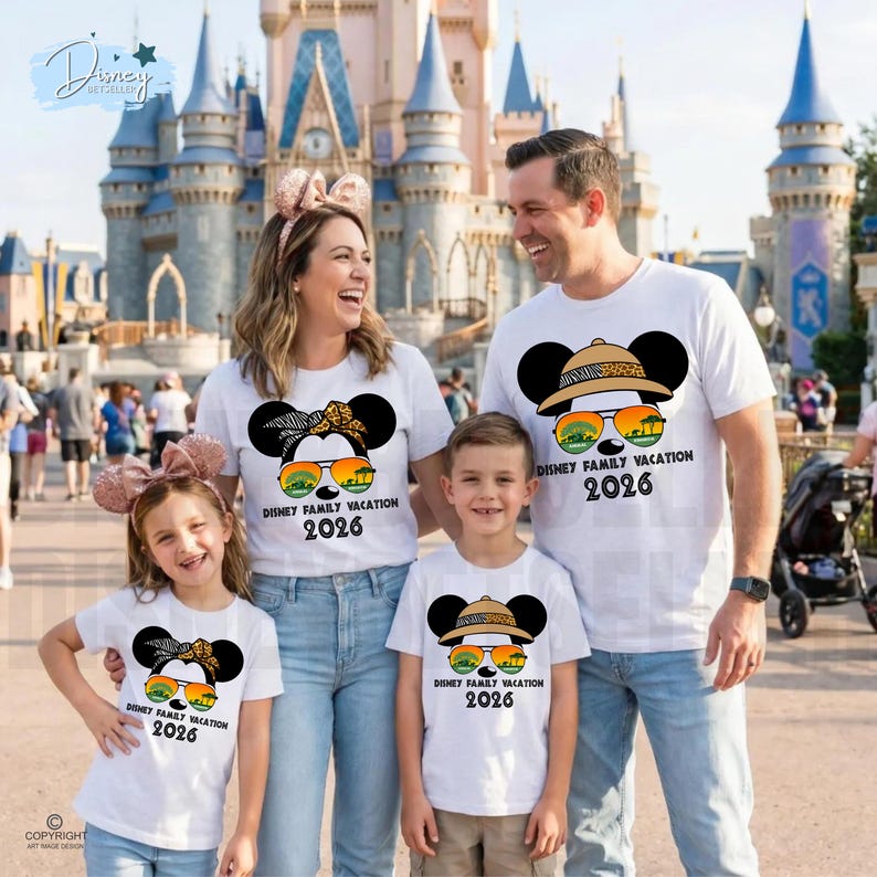 May include: White t-shirts with a Mickey Mouse design, sunglasses, and the text "DISNEY FAMILY VACATION 2026". The family is smiling in front of a castle. The shirts are worn by two adults and two children.
