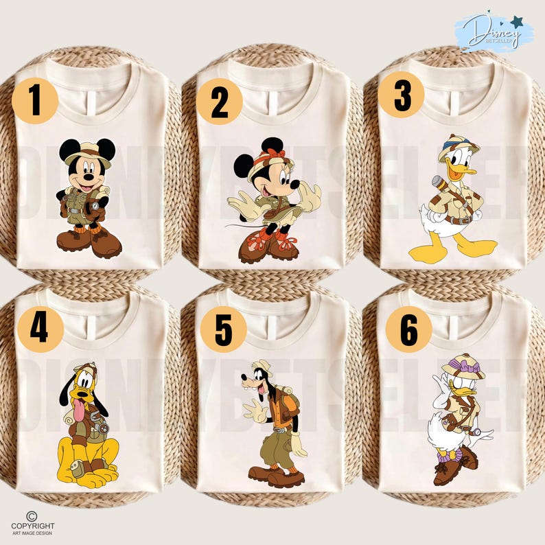 May include: Six off-white t-shirts featuring Disney characters in safari gear. Number 1 shows Mickey Mouse, 2 shows Minnie Mouse, 3 shows Donald Duck, 4 shows Pluto, 5 shows Goofy, and 6 shows Daisy Duck. Each character wears a hat and vest.