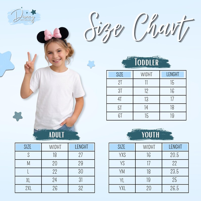 以下が含まれることがあります： 白のTシャツのサイズチャート。幼児、若者、大人向け。幅と長さの測定値はセンチメートルで表示されます。ミニーマウスのカチューシャをつけた若い人が、ピースサインをしています。