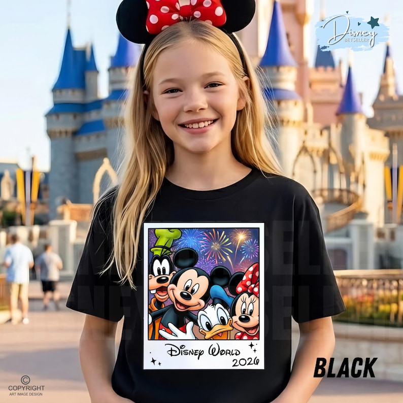 Puede incluir: Una camiseta negra con un gr&aacute;fico estilo polaroid de personajes de Disney: Mickey, Minnie, Donald y Goofy, con fuegos artificiales de fondo. El texto dice "Disney World 2026". La persona lleva una diadema con orejas de Minnie Mouse y un lazo rojo.