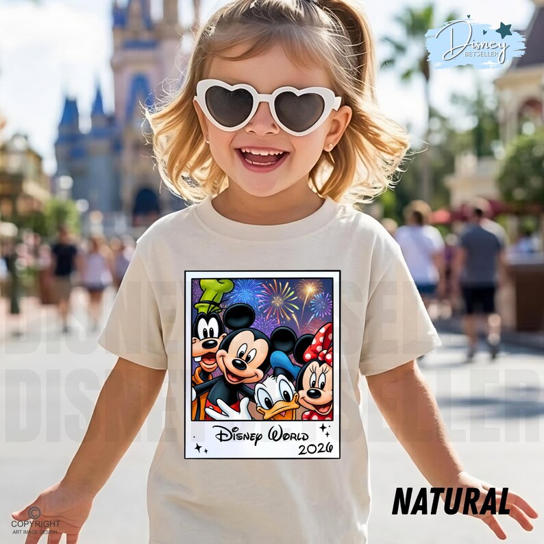 Puede incluir: Camiseta beige claro con un estampado colorido de Mickey, Minnie, Donald y Goofy, con fuegos artificiales y el texto "Disney World 2026". La camiseta est&aacute; etiquetada como "NATURAL". El ni&ntilde;o lleva gafas de sol en forma de coraz&oacute;n.