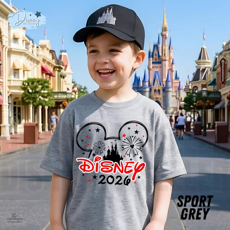 May include: A young person wearing a gray t-shirt and a black baseball cap. The t-shirt features a Mickey Mouse design with the word "Disney" and the year "2026" in red. The cap has a castle logo.