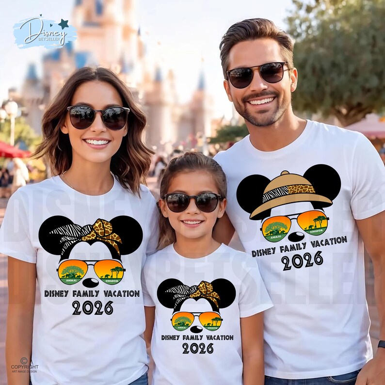 May include: Three people wearing white t-shirts with a Mickey Mouse design. The design includes sunglasses, a safari hat, and the text "DISNEY FAMILY VACATION 2026". The Mickey Mouse design has a zebra print and giraffe print.
