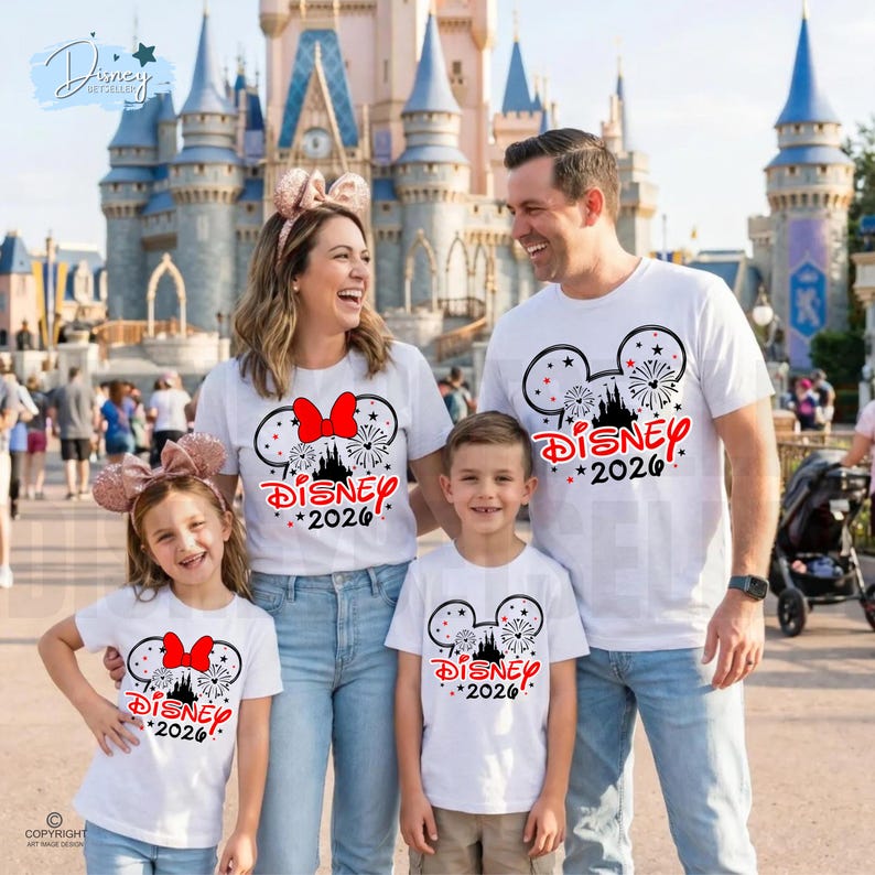 May include: A family of four wearing matching white t-shirts with a Disney design. The design includes Mickey Mouse ears, fireworks, and the text "DISNEY *2026". The family is smiling in front of a castle.