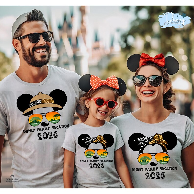 May include: Three people wearing matching light gray t-shirts with a Mickey Mouse graphic. The graphic includes sunglasses, a safari hat, and the text "DISNEY FAMILY VACATION 2026". The family is wearing Mickey Mouse ears and sunglasses.