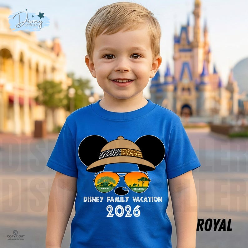 May include: A young child wearing a royal blue t-shirt with a Mickey Mouse graphic. The graphic features Mickey with a safari hat and sunglasses, with the text "DISNEY FAMILY VACATION 2026". The background includes a castle.