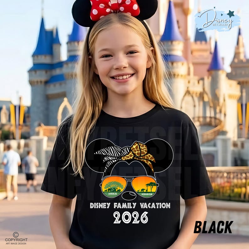 May include: A black t-shirt featuring a Minnie Mouse design with zebra and giraffe print accents. The design includes sunglasses with Animal Kingdom and Disney Family Vacation 2026 text. The girl is wearing a Minnie Mouse ear headband.