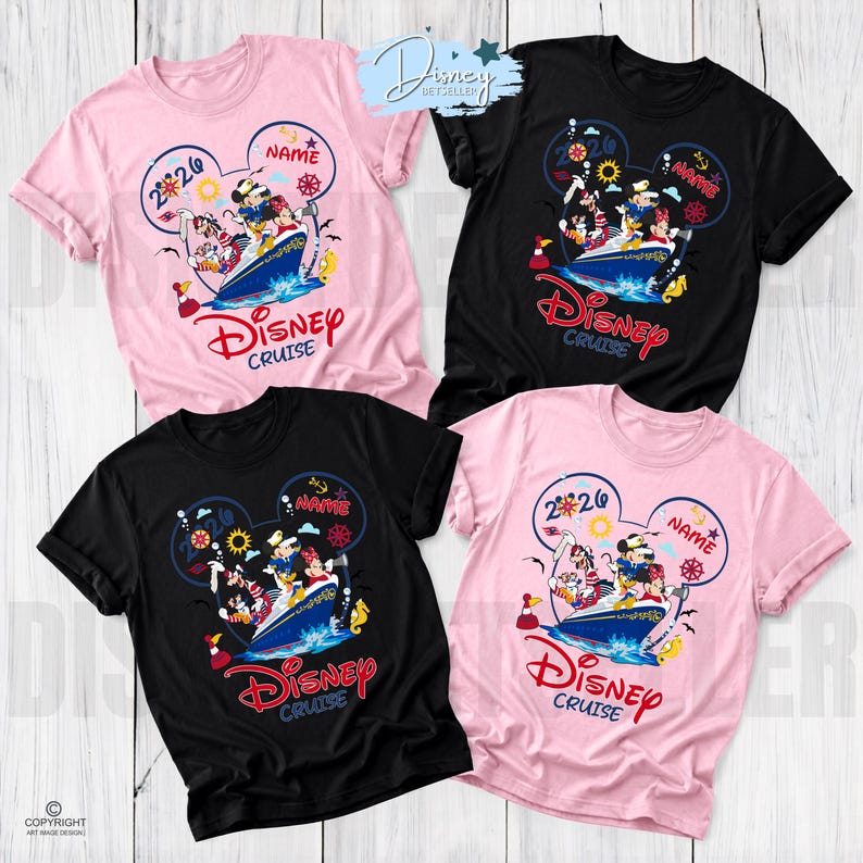 May include: Four short-sleeved t-shirts in light pink and black featuring a graphic of Disney characters on a cruise ship. The design includes the text 2026, Name, and Disney Cruise inside a Mickey Mouse ear outline with nautical icons like anchors.