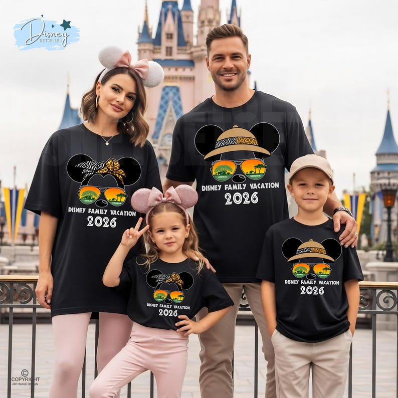May include: A family of four wearing matching black t-shirts with a Mickey Mouse design and the text "Disney Family Vacation 2026." The design includes sunglasses and a safari hat. The background shows a castle.