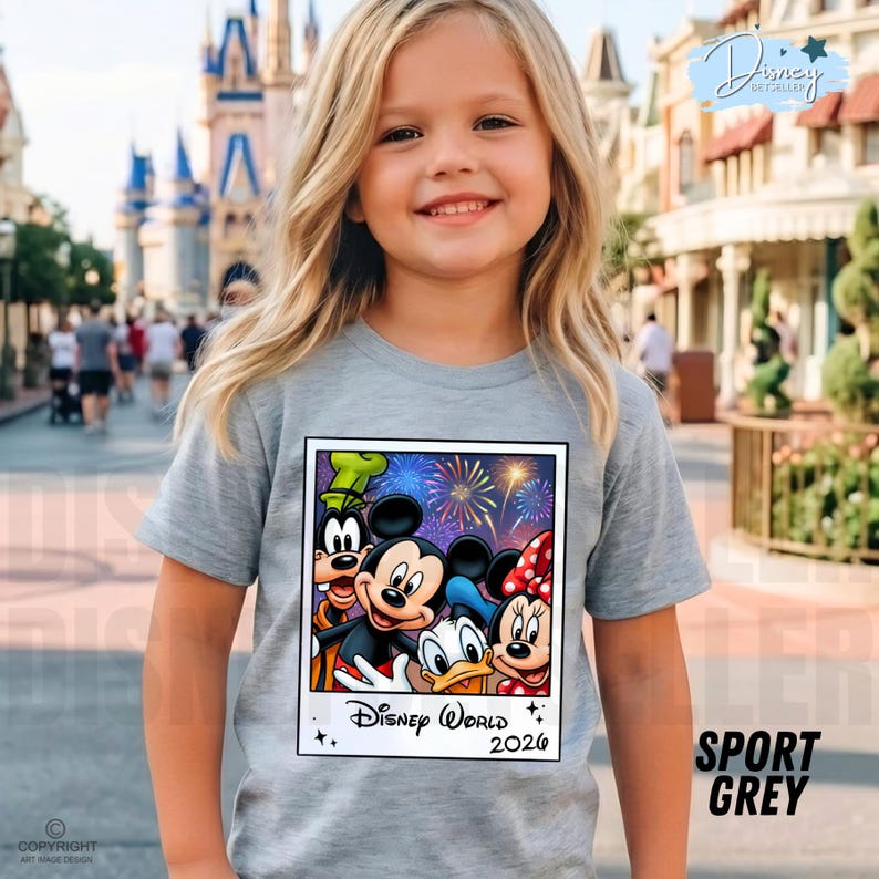 Puede incluir: Una camiseta gris claro con un gr&aacute;fico de Mickey Mouse, Minnie Mouse, Donald Duck y Goofy con fuegos artificiales y el texto "Disney World 2026". La camiseta la lleva una ni&ntilde;a peque&ntilde;a con el pelo rubio.