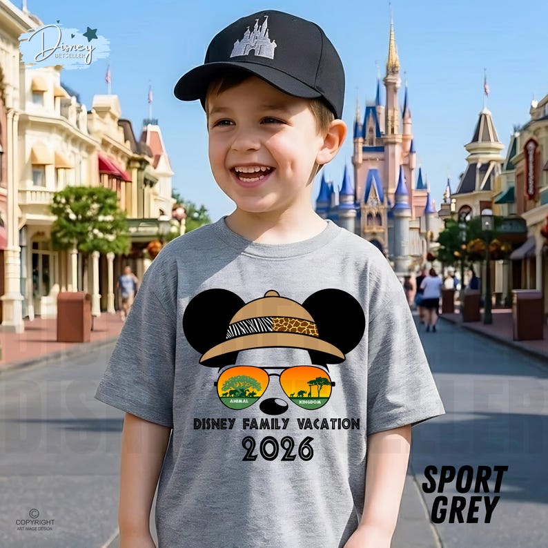 May include: A gray t-shirt with a Mickey Mouse design wearing a safari hat and sunglasses, with the text "Disney Family Vacation 2026." The shirt is paired with a black baseball cap featuring a castle graphic. The words "Sport Grey" are printed on the shirt.