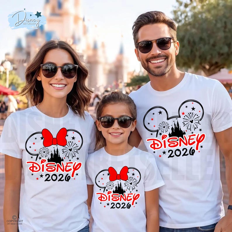 May include: Three people wearing white t-shirts with a Disney design. The design includes a Mickey Mouse head outline with a red bow, fireworks, a castle silhouette, and the word "Disney" in red with "2026" below. All are wearing sunglasses.