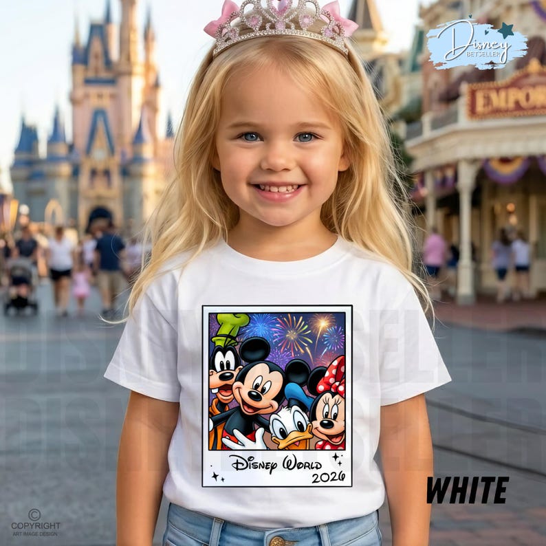 Puede incluir: Una ni&ntilde;a peque&ntilde;a con una camiseta blanca con un gr&aacute;fico colorido de personajes de Disney, incluyendo Mickey Mouse, Minnie Mouse, Donald Duck y Goofy, con fuegos artificiales y el texto "Disney World 2026". Tambi&eacute;n lleva una tiara rosa.