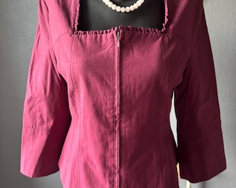 Veste courte Jacqueline Riu bordeaux framboise – taille 42 – coton & lin – style romantique Y2K