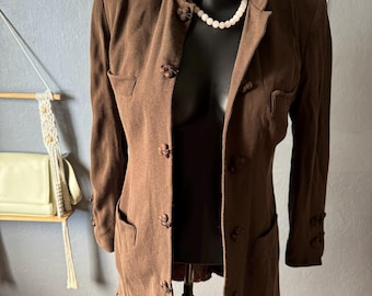 Veste Vintage Longue "Autre Chose" Marron Chocolat – Made in France – Col Mao & Boutons Passementerie Noeuds Chinois – Taille S / 36