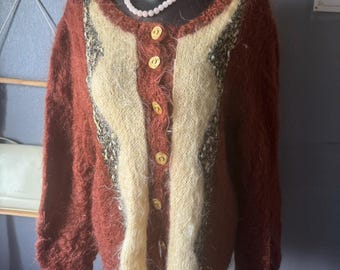 Gilet cardigan vintage EFFET  mohair marron et écru – Style années 80/90 – Taille 44/46
