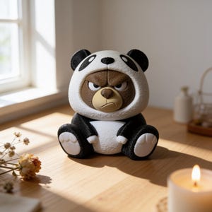 Könnte beinhalten: Eine kleine sitzende Figur eines braunen Bären, der eine weiß-schwarze Kapuze im Panda-Design trägt. Der Bär hat einen strukturierten, mürrischen Gesichtsausdruck mit gerunzelten Brauen, einer dunkelbraunen Schnauze und einem weißen Bauch.
