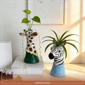 Puede incluir: Dos macetas de cerámica con forma de animales. Una es una jirafa con manchas marrones, base verde y cuello amarillo. La otra es una cebra con rayas blancas y negras y base azul claro. Ambas macetas contienen plantas verdes.