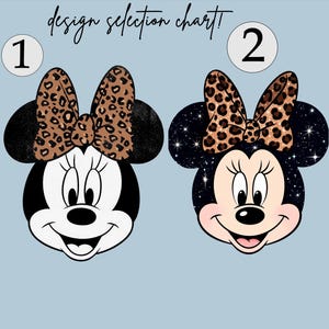 Leopard print Minnie Mouse head with sparkling galaxy-style black ears and a cheetah print bow, Disney-inspired graphic design on a transparent background. Cute Disney vacation shirt design for women, girls, and matching family trip tees