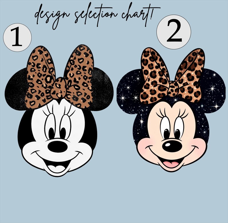 Leopard print Minnie Mouse head with sparkling galaxy-style black ears and a cheetah print bow, Disney-inspired graphic design on a transparent background. Cute Disney vacation shirt design for women, girls, and matching family trip tees