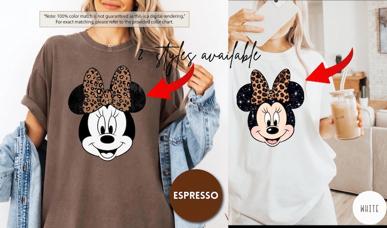 Leopard print Minnie Mouse head with sparkling galaxy-style black ears and a cheetah print bow, Disney-inspired graphic design on a transparent background. Cute Disney vacation shirt design for women, girls, and matching family trip tees