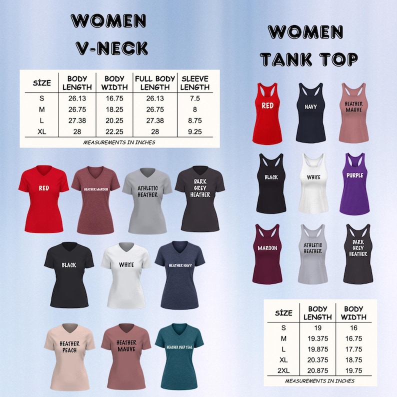 Może przedstawiać: Tabela rozmiar&oacute;w koszulek z dekoltem w serek i bez rękaw&oacute;w z wymiarami w calach. Sekcja z dekoltem w serek zawiera jedenaście opcji kolorystycznych, w tym czerwony, czarny i melanżowy granat. Sekcja bez rękaw&oacute;w pokazuje dziewięć kolor&oacute;w, w tym czerwony.