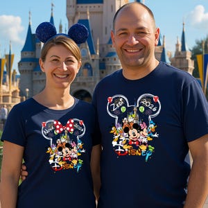 May include: Two people wearing navy blue t-shirts with a Disney theme. The shirts feature a Mickey Mouse head outline with various Disney characters, fireworks, and the year 2026. One person wears blue sequined mouse ears.
