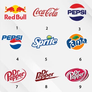 May include: A collection of nine beverage logos. The logos include Red Bull, Coca-Cola, Pepsi, Sprite, Fanta, and Dr. Pepper. The logos are in various colors, including red, blue, and orange. The text is clear and easy to read.