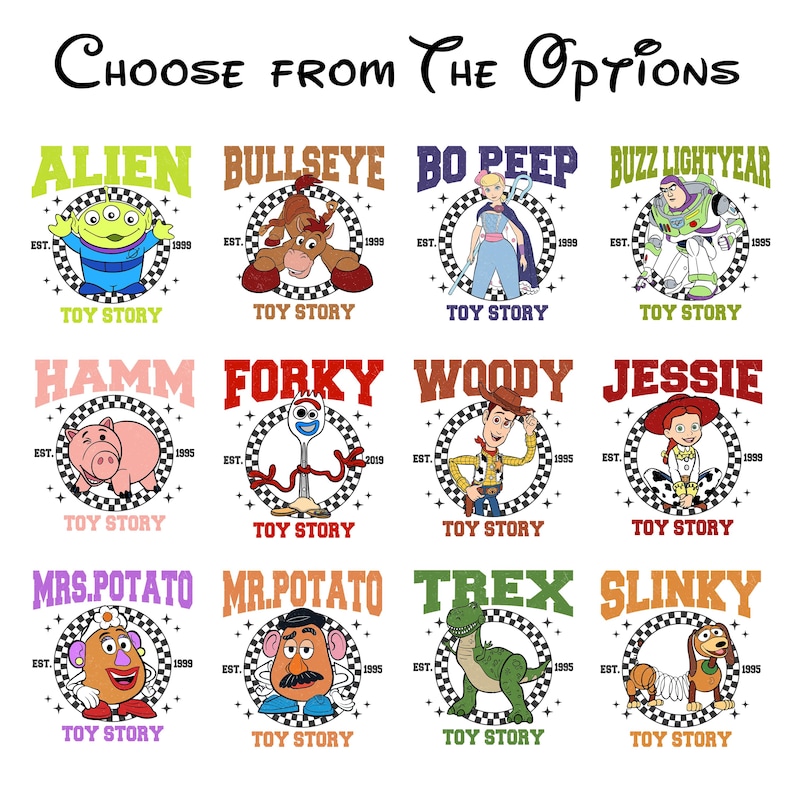 Może przedstawiać: Siatka dwunastu grafik postaci z Toy Story, każda w czarno-białym szachownicowym kole z napisem "CHOOSE FROM THE OPTIONS" na g&oacute;rze. Postacie to Alien, Bullseye, Bo Peep, Buzz Lightyear, Hamm, Forky, Woody, Jessie, Mrs. Potato, Mr. Potato, T-Rex i Slinky.