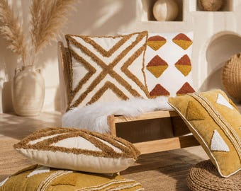 Funda de almohada bohemia con mechones, 45x45 cm, funda de cojín geométrica nórdica, cojín decorativo amarillo y marrón, funda de almohada de estilo rústico, cojín moderno para sofá.