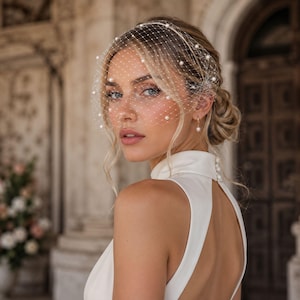 May include: A white birdcage veil featuring a delicate netting pattern adorned with small, evenly spaced white pearls. The veil is secured to the hair, draping over the upper face, and is paired with a sleeveless white high-neck dress with pearl buttons.