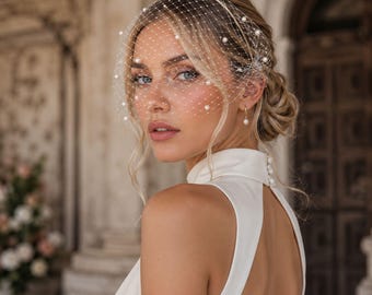 Velo a gabbia con perle, cappellino da sposa, velo per il viso da sposa con perle, copricapo da sposa vintage, accessorio per capelli da sposa, velo da sposa bianco
