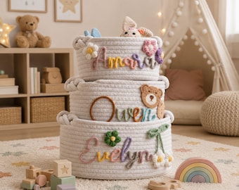 Cesta de cuerda personalizada / Cesta de almacenamiento con nombre personalizado / Cesta para bebé / Regalo para baby shower / Cesta de Pascua / Caja de almacenamiento de juguetes / Cesta de cuerda de algodón