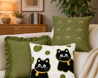 Funda de cojín bordada con diseño de gato, funda de almohada decorativa estilo boho, almohada decorativa con volantes, decoración para el hogar estilo cottagecore, funda de cojín para sofá, regalo para amantes de los gatos