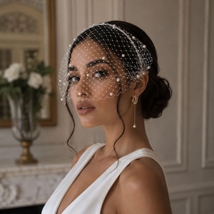 Pode incluir: Um véu tipo birdcage branco preso a uma tiara, apresentando uma rede de malha fina adornada com pequenas pérolas brancas espaçadas uniformemente. O véu cobre a parte superior do rosto, desde a linha do cabelo até a ponte do nariz.