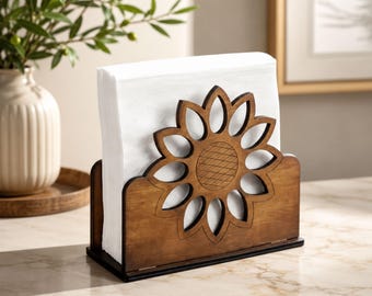 Servilletero de madera con diseño de girasol / Dispensador de servilletas estilo granja / Decoración rústica de cocina / Servilletero de cóctel de madera / Organizador de mesa de comedor