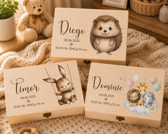 Caja de recuerdos personalizada para bebé, caja de recuerdos con animales de safari, caja de recuerdos de madera personalizada con nombre y fecha de nacimiento, regalo de bautizo, regalo para baby shower