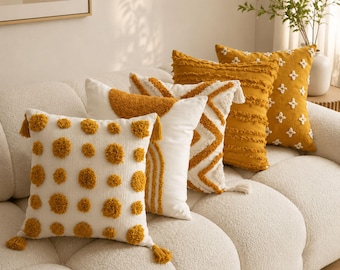 Funda de almohada con mechones dorados y naranjas para la sala de estar, funda de cojín geométrica bohemia, cojín decorativo bordado nórdico, decoración moderna de estilo rústico.