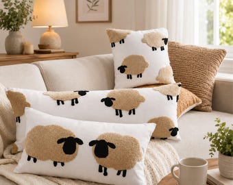 Funda de almohada de oveja, funda de cojín bordada en 3D, cojín decorativo estilo granja, decoración cottagecore, almohada de animales, decoración rústica para el hogar, cojín para guardería