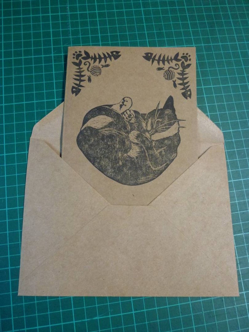 Hand Printed A6 Linocut Greetings Cards Brown Recycled Card /& Envelope Cockerel Cat Kitten Farm Animal Lover Country Kitsch Celebrate Eco
