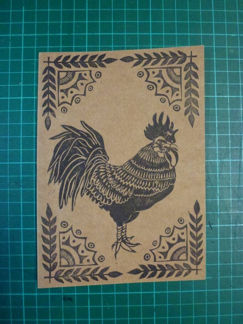 Hand Printed A6 Linocut Greetings Cards Brown Recycled Card /& Envelope Cockerel Cat Kitten Farm Animal Lover Country Kitsch Celebrate Eco