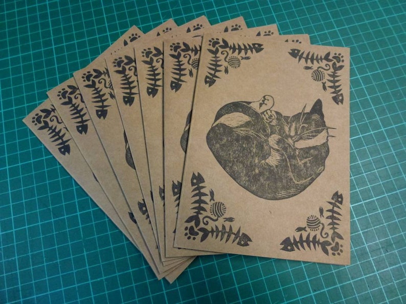Hand Printed A6 Linocut Greetings Cards Brown Recycled Card /& Envelope Cockerel Cat Kitten Farm Animal Lover Country Kitsch Celebrate Eco